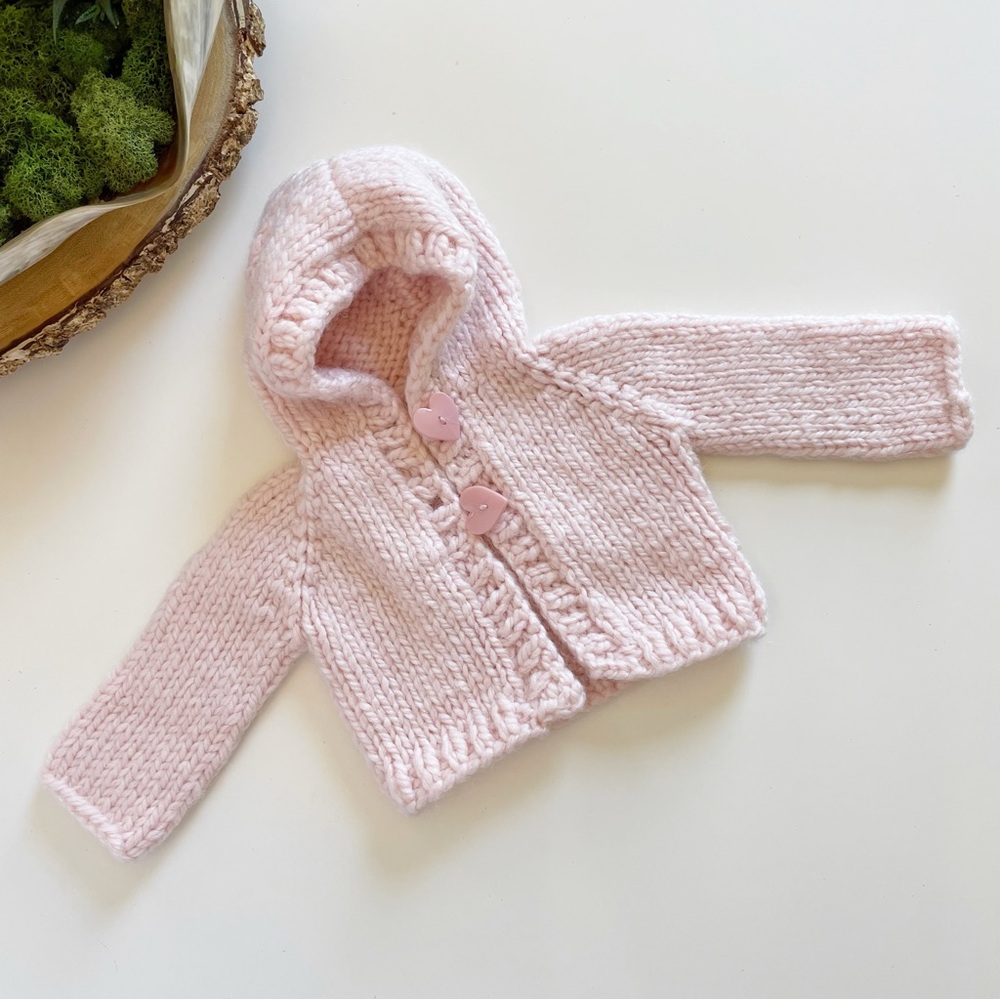 Handmade Pink Hooded Heart Crochet Knit Sweater Jacket | See measurements